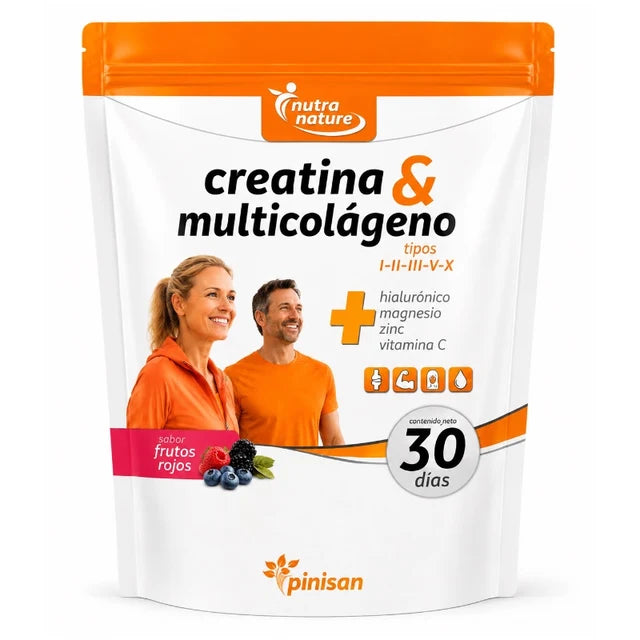 Creatina y Multicolágeno de Pinisan es un complemento alimenticio en polvo que combina creatina monohidrato 200 MESH con diferentes tipos de colágeno (I, II, III, V y X), además de vitamina C, magnesio, zinc y ácido hialurónico.