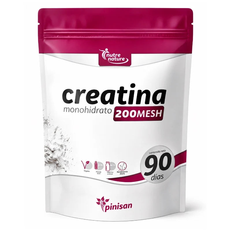 Creatina Monohidrato 200 MESH de Pinisan es un complemento en polvo formulado con creatina monohidrato 100%, micronizada a 200 MESH para conseguir una textura fina y facilitar su disolución.