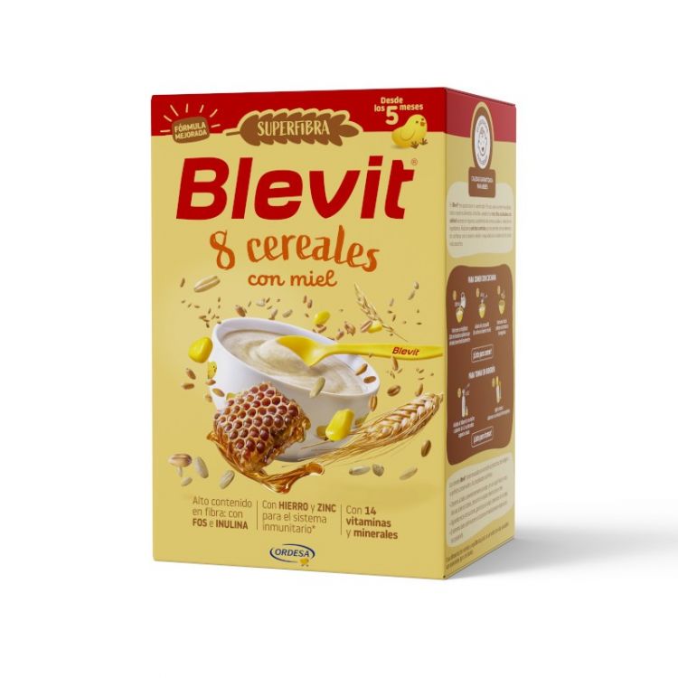 Alto contenido en fibra: además de cereales integrales la completa fórmula de Blevit® SUPERFIBRA 8 Cereales con miel aporta FOS e Inulina, fibra soluble con efectos positivos a nivel intestinal.&nbsp;