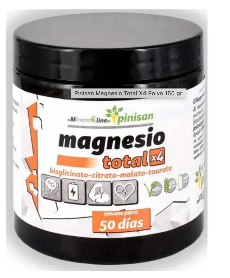 Magnesio Total x4 de Pinisan es un complemento alimenticio en forma de polvo que combina cuatro formas de magnesio: