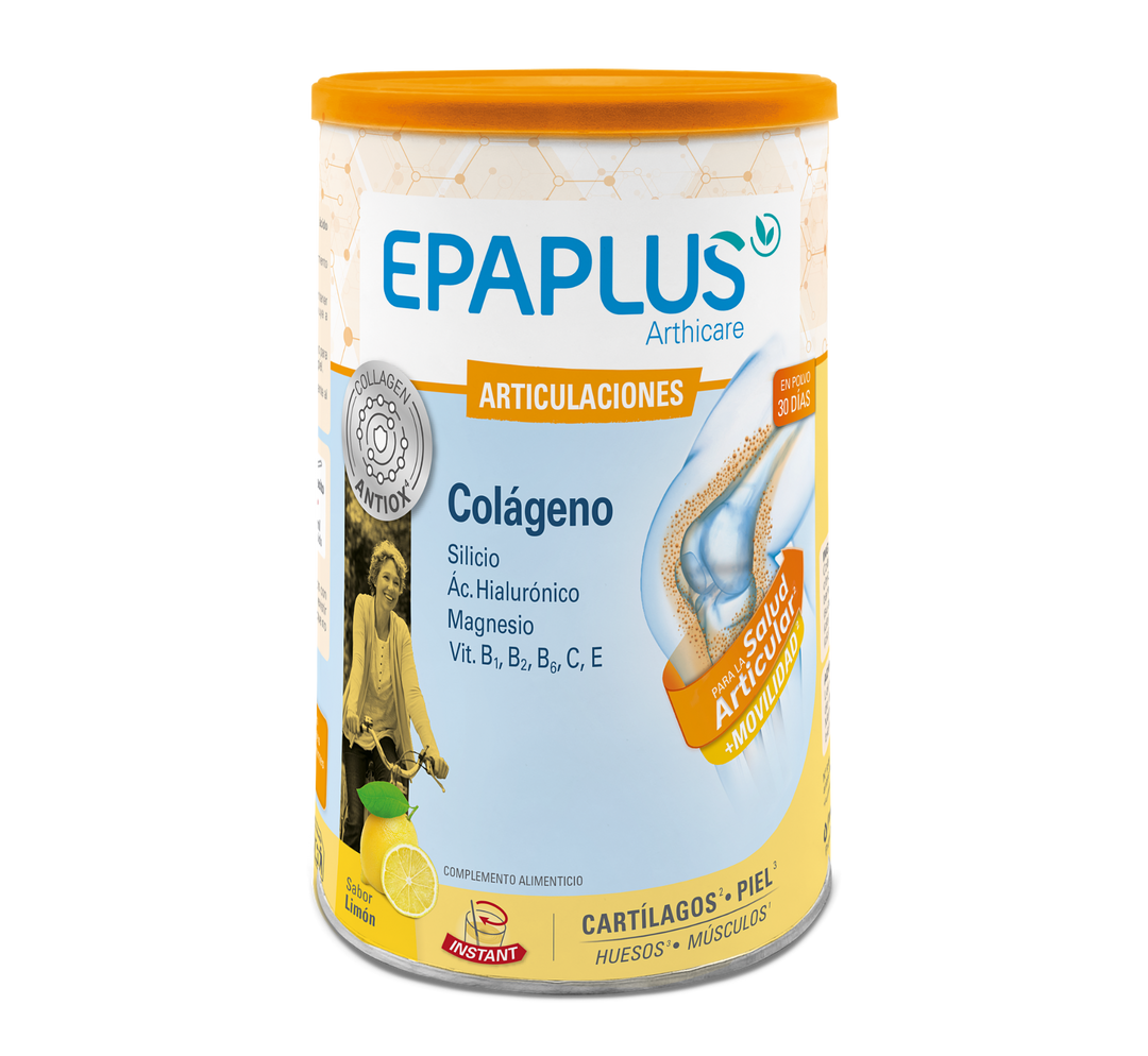 Epaplus Colágeno + Ácido Hialurónico + Magnesio Sabor Limón es un complemento alimenticio en polvo formulado para aportar nutrientes implicados en funciones fisiológicas relacionadas con el mantenimiento normal de las articulaciones, huesos y músculos.