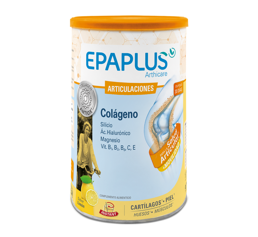 Epaplus Colágeno + Ácido Hialurónico + Magnesio Sabor Limón es un complemento alimenticio en polvo formulado para aportar nutrientes implicados en funciones fisiológicas relacionadas con el mantenimiento normal de las articulaciones, huesos y músculos.