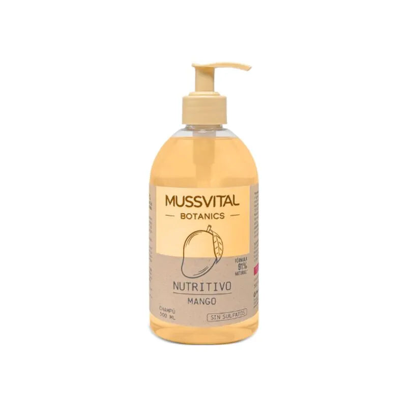Mussvital Champú de Mango limpia suavemente mientras nutre y protege el cabello frente a la sequedad y el encrespamiento. 