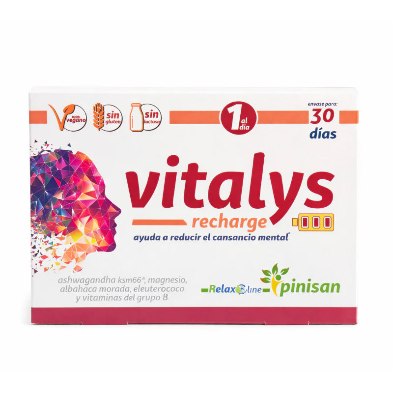 Vitalys recharge complemento alimenticio pensado para los días de mayor exigencia mental, ayuda a reducir el cansancio y mejora la concentración y mantener la energía gracias a su combinación de adaptopgenos, magnesio y vitaminas del grupo B.