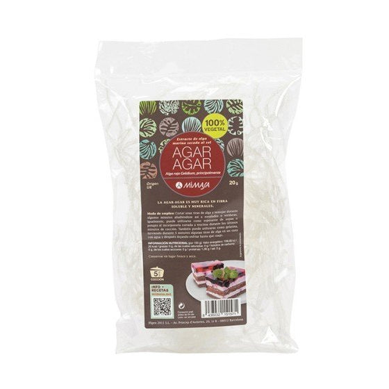 Agar-Agar en Tiras Mimasa 20 g es un ingrediente de origen vegetal muy apreciado en la cocina por su gran capacidad gelificante y su versatilidad. Obtenido a partir de algas marinas, 