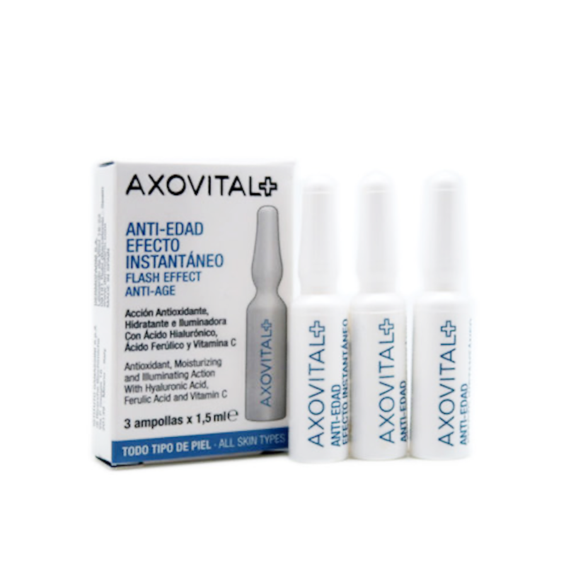 Axovital Ampolla Flash Anti-Edad es una innovadora solución diseñada para revitalizar y rejuvenecer la piel