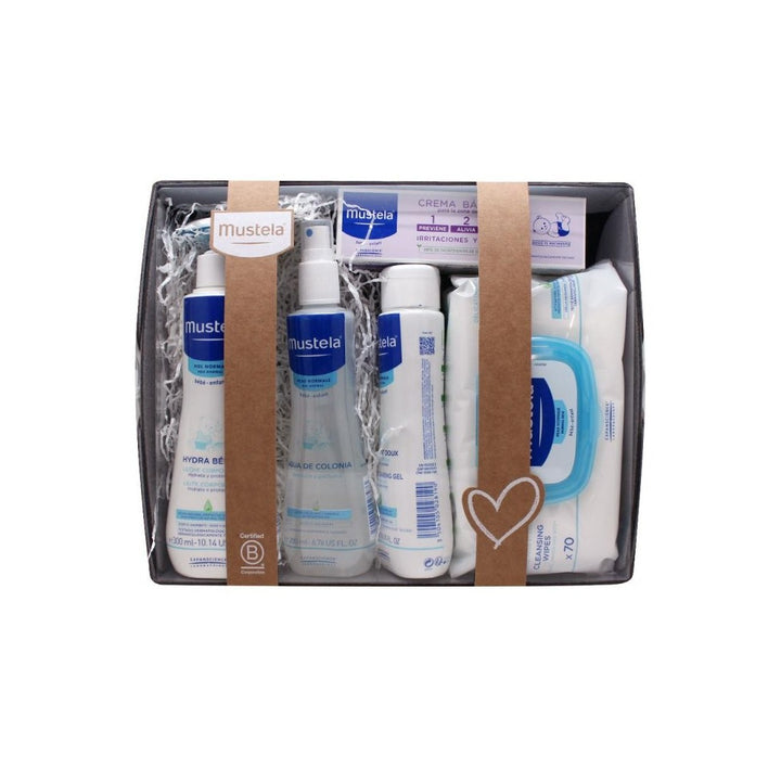 MUSTELA CANASTILLA GRIS CON 5 PRODUCTOS DE HIGIENE