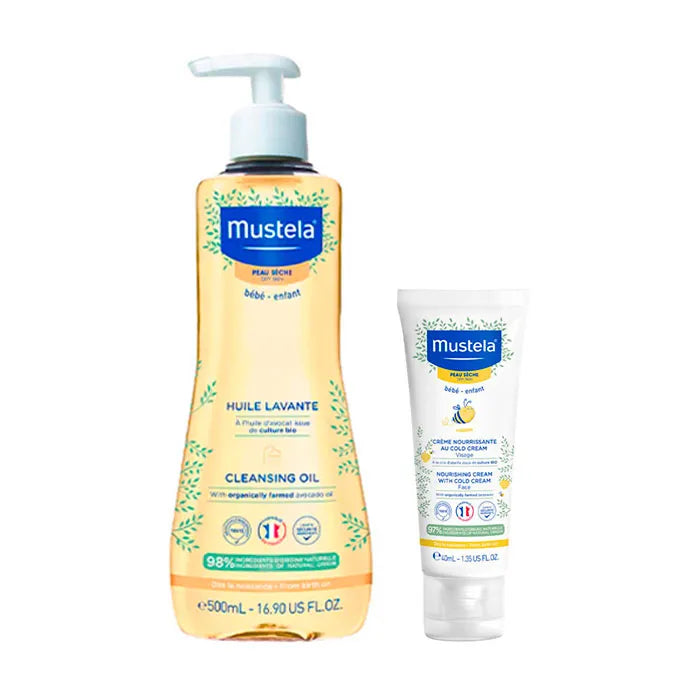 Mustela Aceite de Baño y Ducha:&nbsp;Aplicar sobre la piel húmeda del cuerpo y/o cabello. Aclarar suavemente.
Mustela Crema Facial Nutritiva Cold Cream:&nbsp;Aplicar sobre el rostro limpio y seco del bebé por la mañana y por la noche, o siempre que la piel lo necesite.