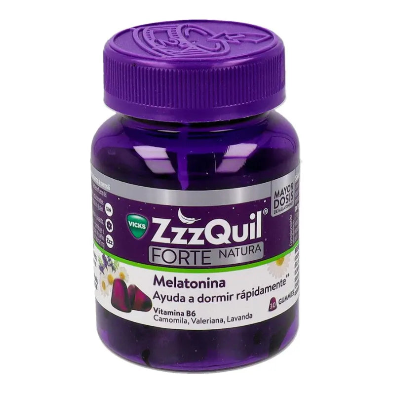 Vicks ZzzQuil FORTE Melatonina 30 Gominolas, es un complemento alimenticio para ayudar a dormir rápidamente, una ayuda natural para conciliar el sueño de forma natural